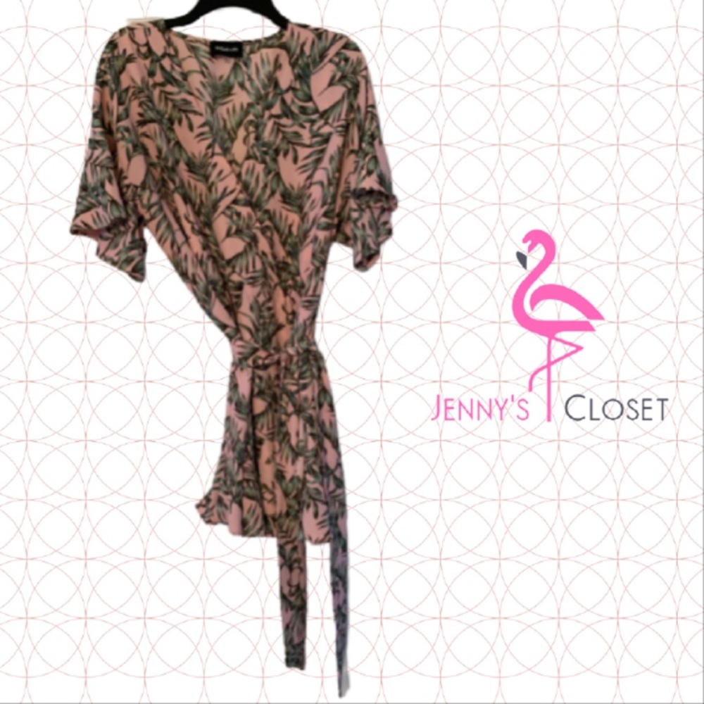 Sugar & Lips, Size Large, Pink with Green Floral Wrap Dress - Picture 2 of 5
